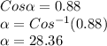 Cos\alpha =0.88\\\alpha =Cos^{-1}(0.88)\\\alpha=28.36