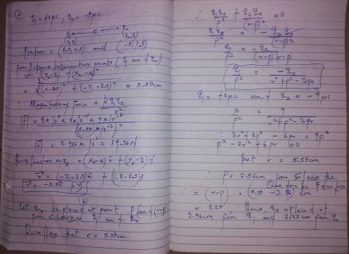 Two point charges carrying charges q1 = +3 μC and q2 = −4 μC are fixed on the x − y plane at positio