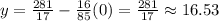 y=\frac{281}{17} -\frac{16}{85} (0)=\frac{281}{17} \approx16.53