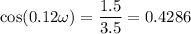 \cos(0.12\omega)=\dfrac{1.5}{3.5}=0.4286