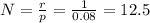 N = \frac{r}{p} = \frac{1}{0.08} = 12.5