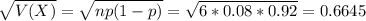 \sqrt{V(X)} = \sqrt{np(1-p)} = \sqrt{6*0.08*0.92} = 0.6645