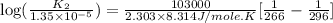 \log (\frac{K_2}{1.35\times 10^{-5}})=\frac{103000}{2.303\times 8.314J/mole.K}[\frac{1}{266}-\frac{1}{296}]
