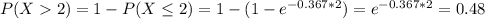P(X 2) = 1-P(X\leq 2) = 1-(1- e^{-0.367 *2})=e^{-0.367 *2}= 0.48