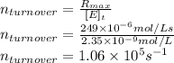 n_{turnover}=\frac{R_{max}}{[E]_t}\\n_{turnover}=\frac{249 \times 10^{-6} mol/Ls}{2.35 \times 10^{-9} mol/L}\\n_{turnover}=1.06\times10^5 s^{-1}
