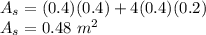 A_s=(0.4)(0.4)+4(0.4)(0.2)\\A_s=0.48\ m^2