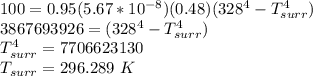 100=0.95(5.67*10^{-8})(0.48)(328^4-T_{surr}^4)\\3867693926=(328^4-T_{surr}^4)\\T_{surr}^4=7706623130\\T_{surr}=296.289\ K