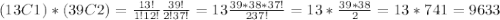 (13C1) *(39C2)= \frac{13!}{1! 12!} \frac{39!}{2! 37!}= 13 \frac{39*38*37!}{2 37!}= 13 *\frac{39*38}{2}= 13*741 =9633
