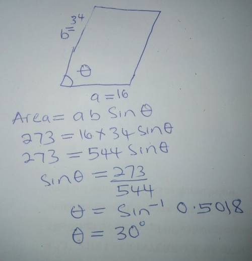 The area of a parallelogram is 273, and the lengths of its sides are 16 and 34. Determine, to the ne