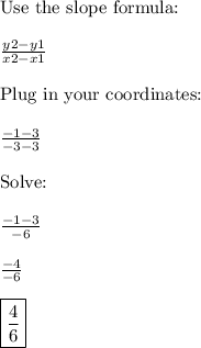 \text{Use the slope formula:}\\\\\frac{y2-y1}{x2-x1}\\\\\text{Plug in your coordinates:}\\\\\frac{-1-3}{-3-3}\\\\\text{Solve:}\\\\\frac{-1-3}{-6}\\\\\frac{-4}{-6}\\\\\boxed{\frac{4}{6}}