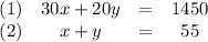 \begin{array}{lccc}(1) & 30x + 20 y & = & 1450 \\(2) & x + y & = & 55\\\end{array}