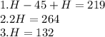 1. H - 45 + H = 219\\2. 2H = 264\\3. H = 132
