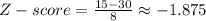 Z-score=\frac{15-30}{8}\approx -1.875