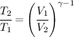 \cfrac{{T}_{2}}{{T}_{1}} = {\left( \cfrac{{V}_{1}}{{V}_{2}} \right)}^{\gamma - 1}