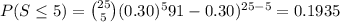 P(S\leq 5)={25\choose 5}(0.30)^{5}91-0.30)^{25-5}=0.1935