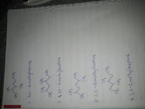 Draw the structures of the 4 isomers of C8H18 that contain 2 methyl branches on separate carbons of