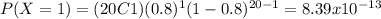 P(X=1)=(20C1)(0.8)^{1} (1-0.8)^{20-1}=8.39x10^{-13}