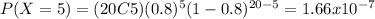 P(X=5)=(20C5)(0.8)^{5} (1-0.8)^{20-5}=1.66x10^{-7}