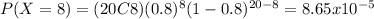 P(X=8)=(20C8)(0.8)^{8} (1-0.8)^{20-8}=8.65x10^{-5}