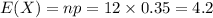 E(X)=np=12\times0.35=4.2