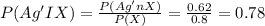 P(Ag'IX)= \frac{P(Ag'nX)}{P(X)}= \frac{0.62}{0.8}= 0.78