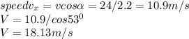 speed v_{x}=vcos\alpha=24/2.2=10.9m/s\\V=10.9/cos53^{0}\\V=18.13m/s