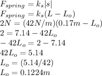 F_{spring}=k_{s}|s|\\F_{spring}=k_{s}(L-L_{o})\\ 2N=(42N/m)(0.17m-L_{o})\\2=7.14-42L_{o}\\-42L_{o}=2-7.14\\42L_{o}=5.14\\L_{o}=(5.14/42)\\L_{o}=0.1224m