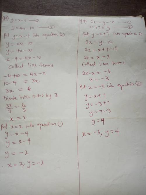 Solve the system of linear equations by substitution. Check your solution.Numbers 10 and 14.