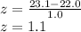 z=\frac{23.1-22.0}{1.0}\\ z=1.1