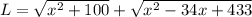 L=\sqrt{x^{2}+100}+\sqrt{x^{2}-34x+433}