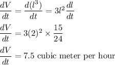 \dfrac{dV}{dt} = \dfrac{d(l^3)}{dt} = 3l^2\dfrac{dl}{dt}\\\\\dfrac{dV}{dt} = 3(2)^2\times \dfrac{15}{24} \\\\\dfrac{dV}{dt} = 7.5\text{ cubic meter per hour}