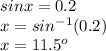 sinx=0.2\\x=sin^{-1}(0.2)\\ x=11.5^{o}
