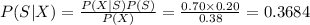 P(S|X)=\frac{P(X|S)P(S)}{P(X)}=\frac{0.70\times0.20}{0.38}=  0.3684