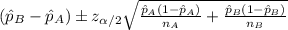 (\hat p_B -\hat p_A) \pm z_{\alpha/2} \sqrt{\frac{\hat p_A(1-\hat p_A)}{n_A} +\frac{\hat p_B (1-\hat p_B)}{n_B}}