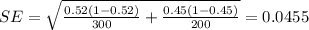 SE=\sqrt{\frac{0.52(1-0.52)}{300} +\frac{0.45 (1-0.45)}{200}}=0.0455