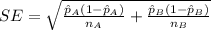 SE=\sqrt{\frac{\hat p_A(1-\hat p_A)}{n_A} +\frac{\hat p_B (1-\hat p_B)}{n_B}}
