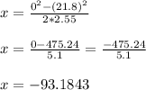 x=\frac{0^{2}-(21.8)^{2}}{2*2.55}\\ \\x= \frac{0-475.24}{5.1}=\frac{-475.24}{5.1}\\  \\x = -93.1843\\