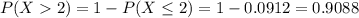 P(X  2) = 1 - P(X \leq 2) = 1 - 0.0912 = 0.9088