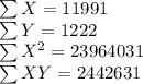 \sum X=11991\\\sum Y =1222\\\sum X^{2}=23964031\\\sum XY = 2442631