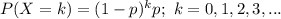 P (X = k)=(1-p)^{k}p;\ k=0, 1, 2, 3,...
