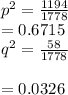 p^2 = \frac{1194}{1778} \\= 0.6715\\q^ 2 = \frac{58}{1778} \\\\= 0.0326