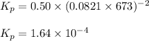 K_p=0.50\times (0.0821\times 673)^{-2}\\\\K_p=1.64\times 10^{-4}