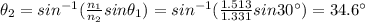 \theta_2 = sin^{-1}(\frac{n_1}{n_2}sin \theta_1)=sin^{-1}(\frac{1.513}{1.331}sin 30^{\circ})=34.6^{\circ}