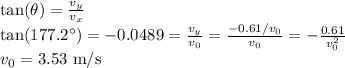\tan(\theta) = \frac{v_y}{v_x}\\\tan(177.2^\circ) = -0.0489 = \frac{v_y}{v_0} = \frac{-0.61/v_0}{v_0} = -\frac{0.61}{v_0^2}\\v_0 = 3.53~{\rm m/s}