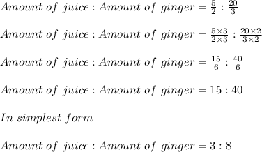 Amount\ of\ juice : Amount\ of\ ginger = \frac{5}{2} : \frac{20}{3}\\\\Amount\ of\ juice : Amount\ of\ ginger = \frac{5 \times 3}{2 \times 3} : \frac{20 \times 2}{3 \times 2}\\\\Amount\ of\ juice : Amount\ of\ ginger = \frac{15}{6} : \frac{40}{6}\\\\Amount\ of\ juice : Amount\ of\ ginger = 15 : 40\\\\In\ simplest\ form\\\\Amount\ of\ juice : Amount\ of\ ginger = 3 : 8