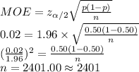 MOE=z_{\alpha /2}\sqrt{\frac{p(1-p)}{n}}\\0.02=1.96\times \sqrt{\frac{0.50(1-0.50)}{n}}\\(\frac{0.02}{1.96})^{2} =\frac{0.50(1-0.50)}{n}\\n=2401.00\approx 2401