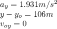 a_{y}=1.931m/s^{2}\\  y-y_{o}=106m\\v_{oy}=0