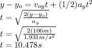 y-y_{o}=v_{oy}t+(1/2)a_{y}t^{2} \\t=\sqrt{\frac{2(y-y_{o})}{a_{y}} }\\ t=\sqrt{\frac{2(106m)}{1.931m/s^{2} } }\\t=10.478s