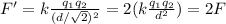 F'=k\frac{q_1 q_2}{(d/\sqrt{2})^2}=2(k\frac{q_1 q_2}{d^2})=2F