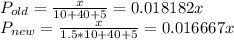 P_{old}=\frac{x}{10+40+5}=0.018182x \\P_{new}=\frac{x}{1.5*10+40+5}=0.016667x